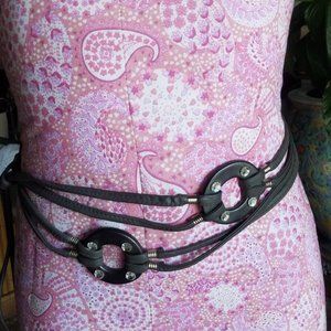 Vintage 1970's  genuine Leather and ceramic rings Sash Belt Hand Made Boho